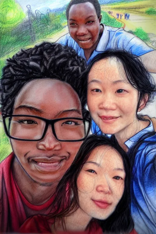 Image similar to last selfie before train accident, realistic, sketch and art by jacqueline e, mongezi ncaphayi, color by bo feng lin