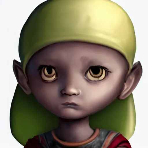 Image similar to Toddler concept art. Dark souls. Large head. Cute face.