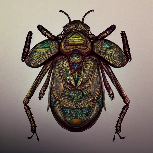 Image similar to A complex scarab insect, highly detailed and intricate, by Lois van baarle , 8k