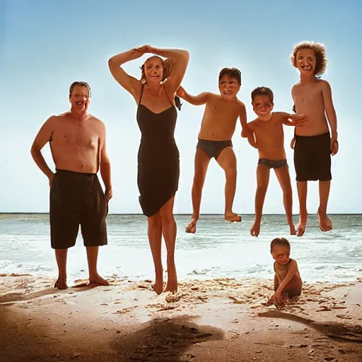 Image similar to portrait of a happy family at the beach fully - clothed, outdoor lighting, realistic, smooth face, perfect eyes, wide angle, sharp focus, high quality, professional photography, photo by annie leibovitz, mark mann, martin schoeller, mario testino, kenneth willardt, corbin gurkin