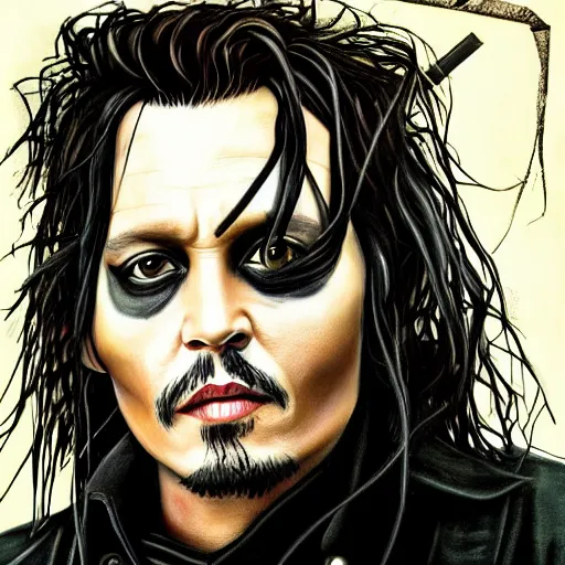 Image similar to portrait of johnny depp as edward scissorhands, highly detailed, centered, solid color background, digital painting