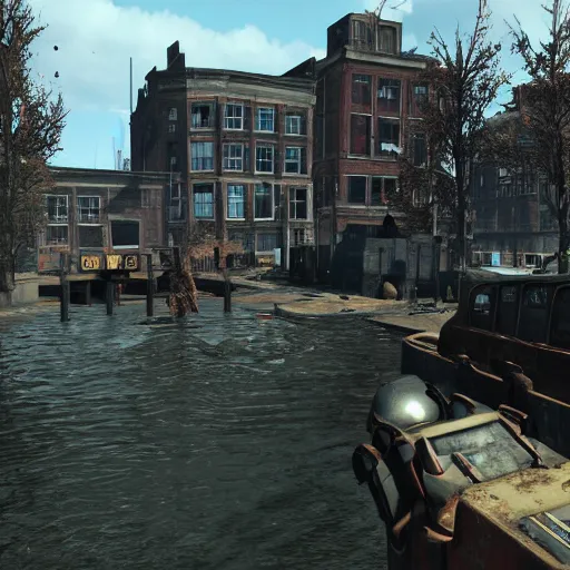 Image similar to De Dam in Amsterdam in ruins post-nuclear war in Fallout 4, in game screenshot