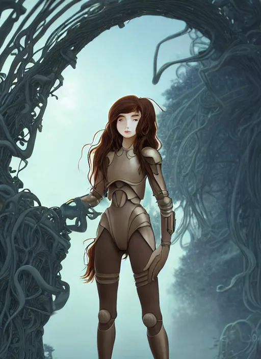 Image similar to young mysterious girl with long curly hazelnut hair, perfectly proportioned face, brown eyes, strong jawline, natural lighting, path traced, highly detailed, high quality, cartoon, digital painting, by new haicheng and studio ghibli and alphonse mucha wearing an alien armor designed by h. r. giger