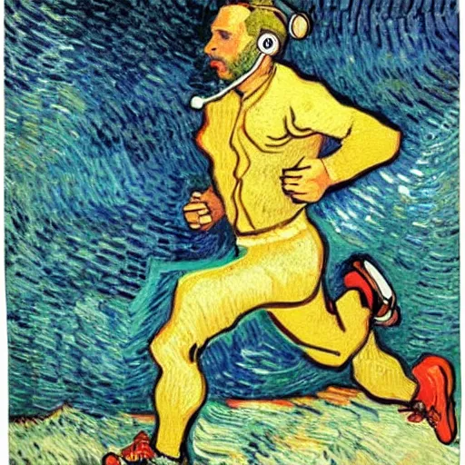 Prompt: runner with headphones by van gogh