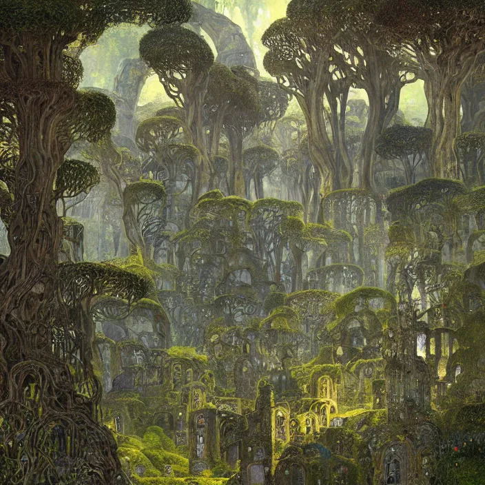 Image similar to ancient overgrown! ruins, medieval gates, runestones, mysetrious etherial mesmerizing runic!! cat eyes, magical elven geometry, concept art by gustav klimt!, deviantart contest winner, environmental art, fairy circle, grand landscape art by greg rutkowski, lit by moonlight, high detail, intricate masterpiece