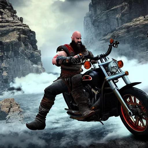 Image similar to kratos, jumping a black harley - davidson motorcycle off a cliff, cinematic render, playstation studios official media, god of war 2 0 1 8