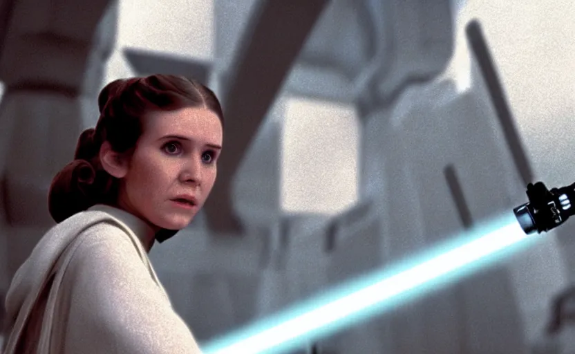 Prompt: screenshot portrait Leia learning to use a lightsaber at a new Jedi Temple scene from the last jedi, 1970s film by Stanley Kubrick, serene, iconic scene, stunning cinematography, hyper detailed, sharp, anamorphic lenses, kodak color film, 4k