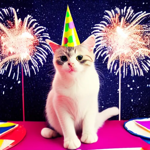 Image similar to a photo of a very cute cat wearing a birthday party hat, studio portrait, back background with fireworks. portrait.