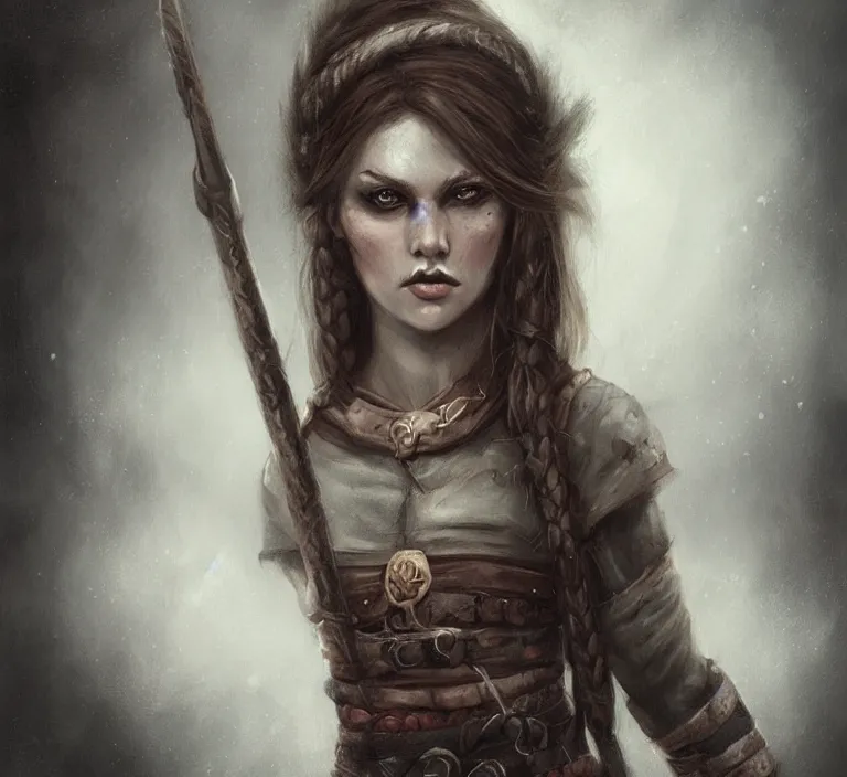 Image similar to a rugged female viking in the style of tom bagshaw