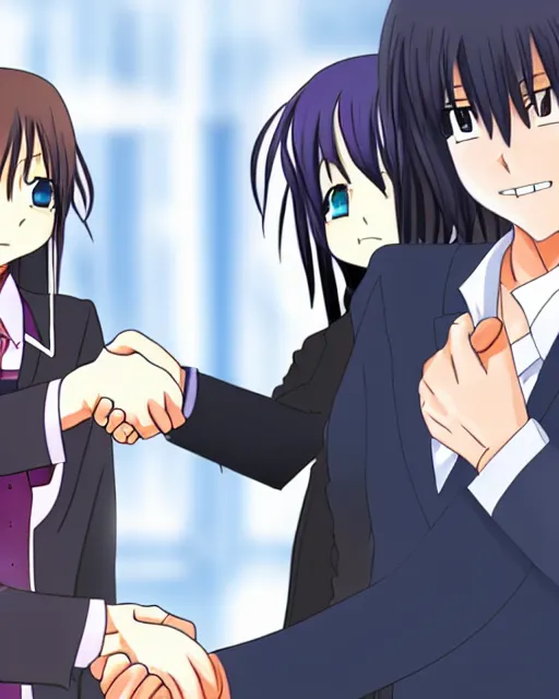 Image similar to a person shakes hands with an anime character in both styles