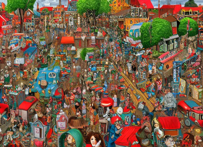 Prompt: where's waldo, folk art, lowbrow, matte painting, 3 - d highly detailed, in the style of camille rose garcia