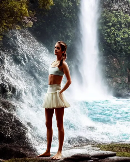 Prompt: a sharp photo of emma watson standing in a yoga pose wearing short translucent skirt standing underneath a waterfall :: trending on artstation, morning, photoreal, ue5