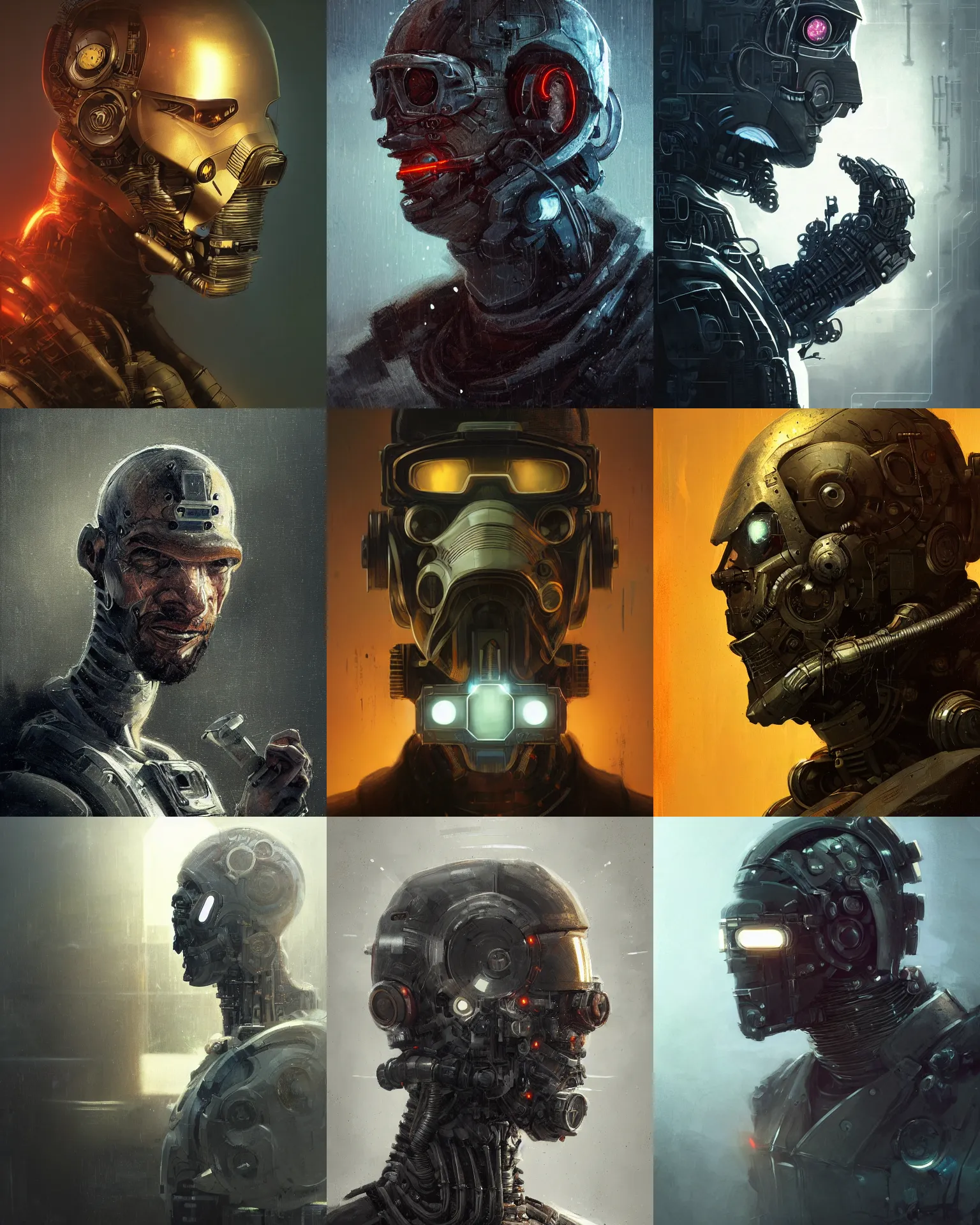 Prompt: a rugged engineer man with cybernetic enhancements, bitcoin mask, scifi character portrait by greg rutkowski, esuthio, craig mullins, 1 / 4 headshot, cinematic lighting, dystopian scifi gear, gloomy, profile picture, mechanical, half robot, implants, steampunk, warm colors