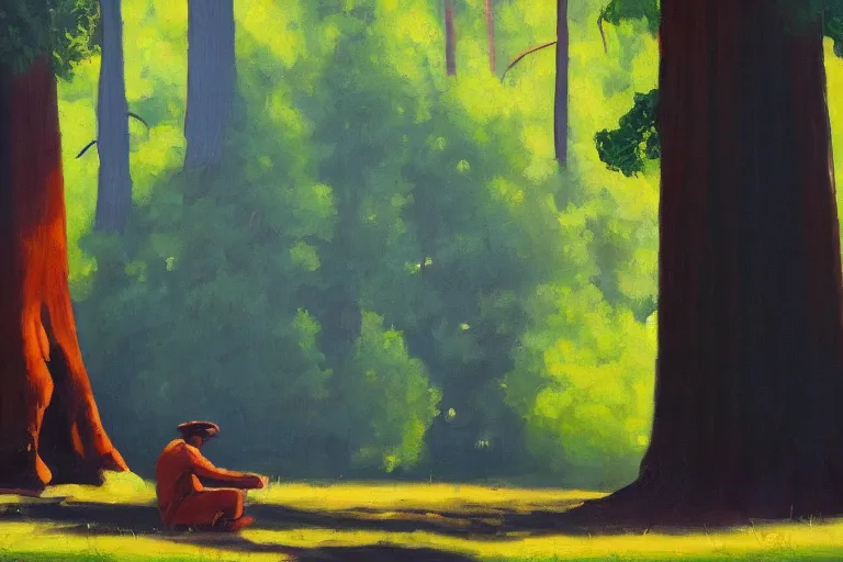 Prompt: a small figure of a man sitting under giant sequoia tress, tranquil, silent, solemn, oil painting, minimalist