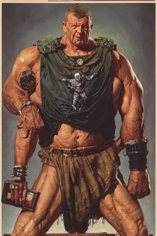 Prompt: upper body and head portrait of huge dorian yates as marvel character wearing pants and shirt and boots and gold jewellery round his neck by alex ross and lawrence alma tadema and zdzislaw beksinski and norman rockwell and jack kirby and tom lovell and greg staples