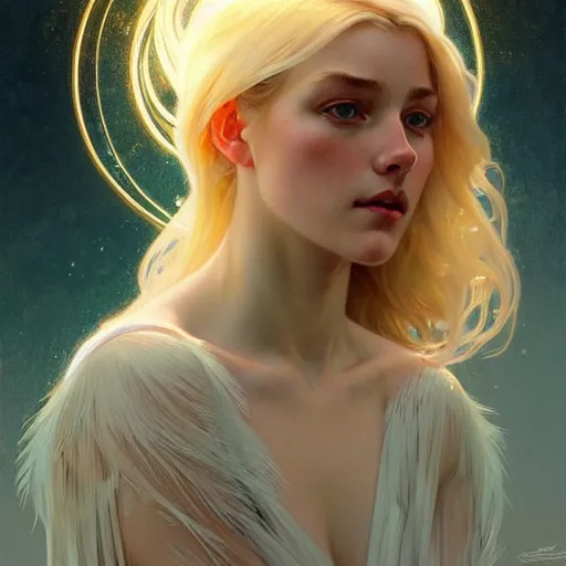 Image similar to A portrait of a blonde girl with a glowing halo surrounded by many delicate feathers, face, intricate, elegant, highly detailed, digital painting, artstation, concept art, smooth, sharp focus, illustration, art by Krenz Cushart and Artem Demura and alphonse mucha