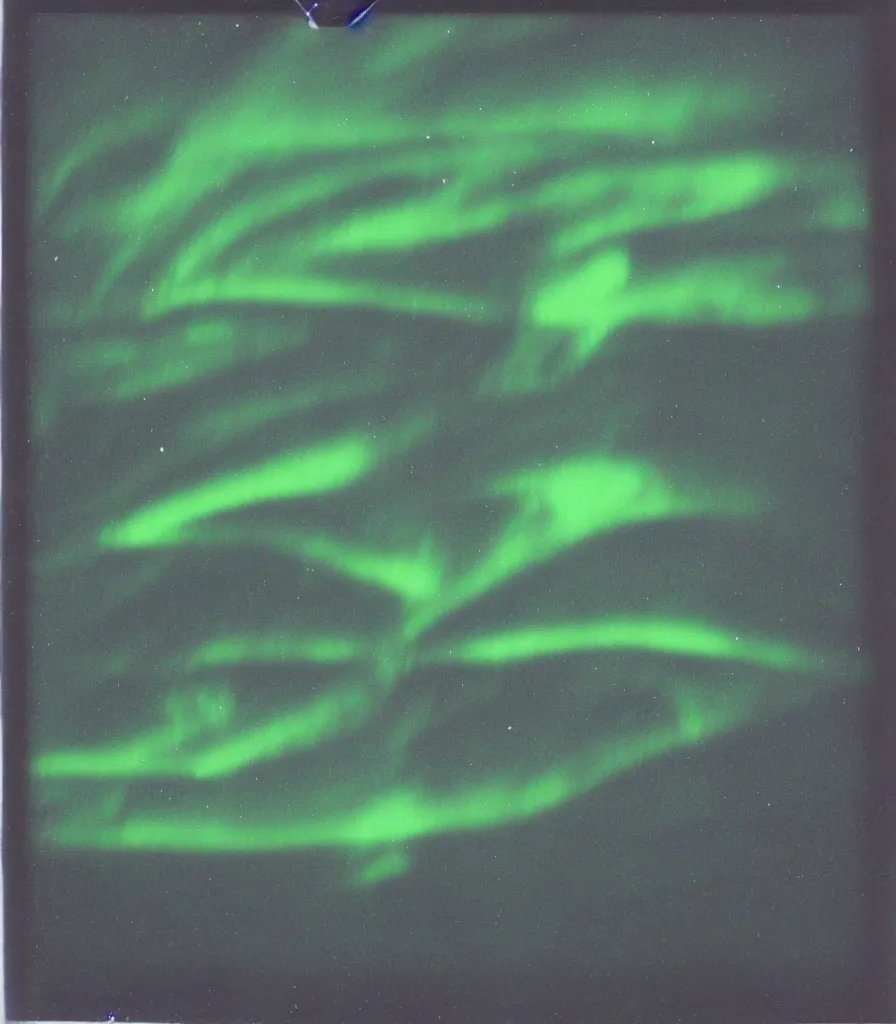 Prompt: polaroid photo of a clear UFO encounter in the artic, large black triangle with lights in each corner, aurora borealis, HD scan,