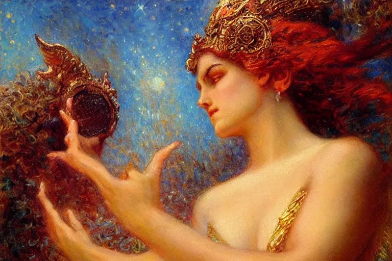 Image similar to portrait of the personification of the sun, god of all things. art by gaston bussiere.