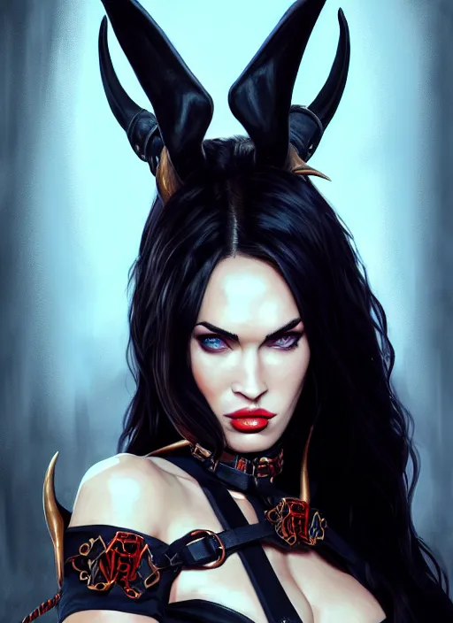 Image similar to portrait of megan fox as a evil demon with hornes, collar and leash, batwings, hell, jewelry, greek, dark, intricate, headshot, key visual, conceptart, ambient lighting, highly detailed, digital painting, artstation, concept art, sharp focus, by makoto shinkai and akihiko yoshida and greg manchess