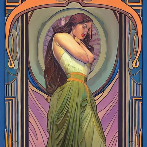 Image similar to a streamline moderne painting in the style of donato giancola, and in the style of charlie bowater, and in the style of alphonse mucha. symmetry, smooth, sharp focus, semi - realism, intricate detail.