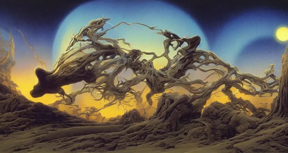 Prompt: masterpiece oil painting by the great famous sci - fi artist michael whelan.