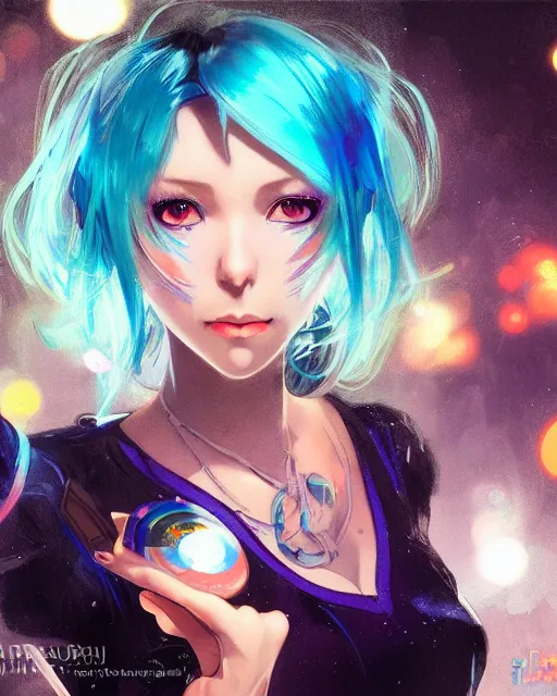 Image similar to pretty girl djing at a rave, blue hair, rem rezero, sharp focus, digital painting, 8 k, concept art, art by wlop, artgerm, greg rutkowski and alphonse mucha