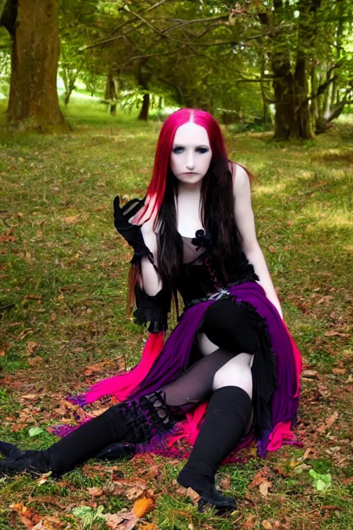 Prompt: full - length photo, young woman, sitting on her knees, gothic clothes, 4 k, colourful