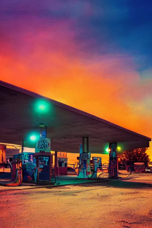 Image similar to a sunset light landscape with historical route 6 6, lots of sparkling details and sun ray ’ s, blinding backlight, smoke, volumetric lighting, colorful, octane, 3 5 mm, abandoned gas station, old rusty pickup - truck, beautiful epic colored reflections, very colorful heavenly, softlight