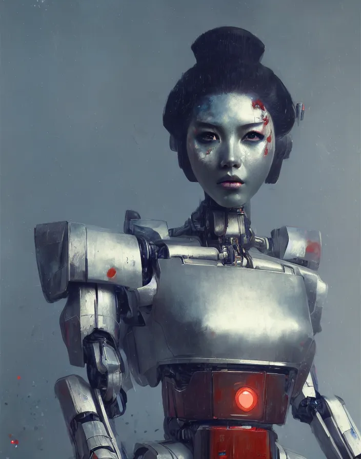 Image similar to portrait of a geisha robot by greg rutkowski and ruan jia, mecha, washed colors, dark, gloomy, matte painting, unreal engine 5