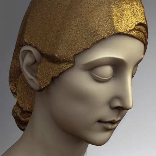 Prompt: a marble sculpture of the veiled virgin, subsurface scattering, !face, !female, covered in intricate !!detailed golden streaked veil , physically based rendering, photo realistic, top light , dark background