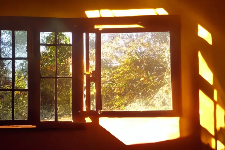 Prompt: rays of the morning sun shining through the window of the village house. very beautiful, clear sky, warm shiny colors