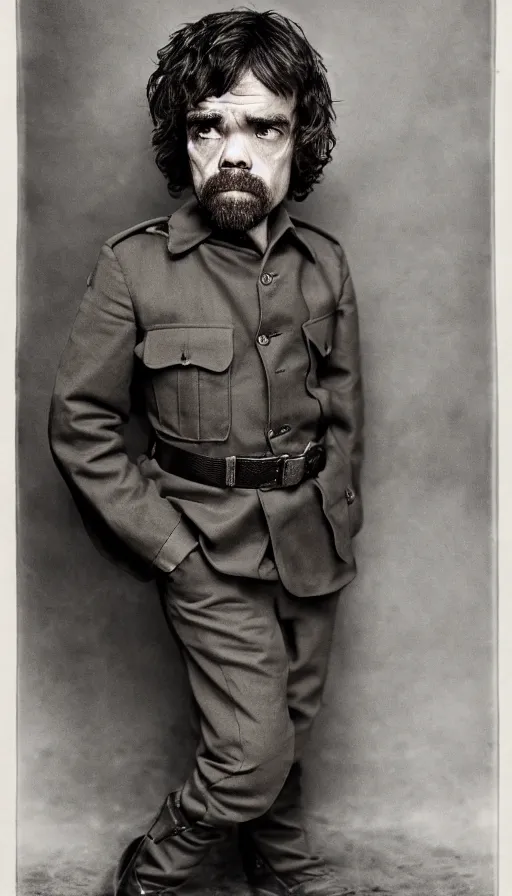 Image similar to extremely tall peter dinklage, old world war 2 portrait, photography