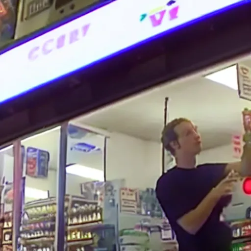 Image similar to cctv footage of mark zuckerberg robbing a convenient store holding a gun