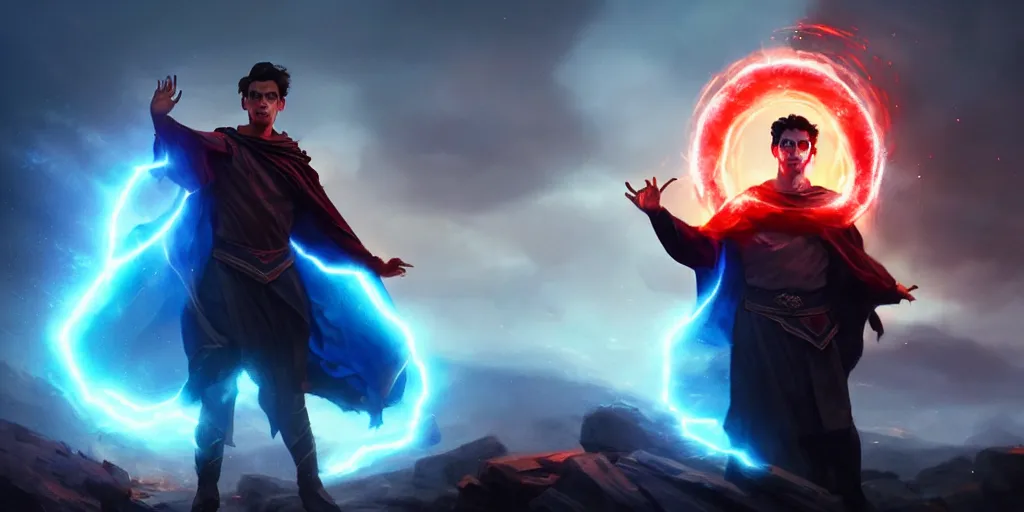 Image similar to epic scene of a handsome brown haired male sorcerer he is casting a blue and red spell that is emanating from his hands, heroic pose, medium shot, waist up, epic composition, dynamic lighting, post processing, concept art, cinematic, trending on artstation, by greg rutkowski
