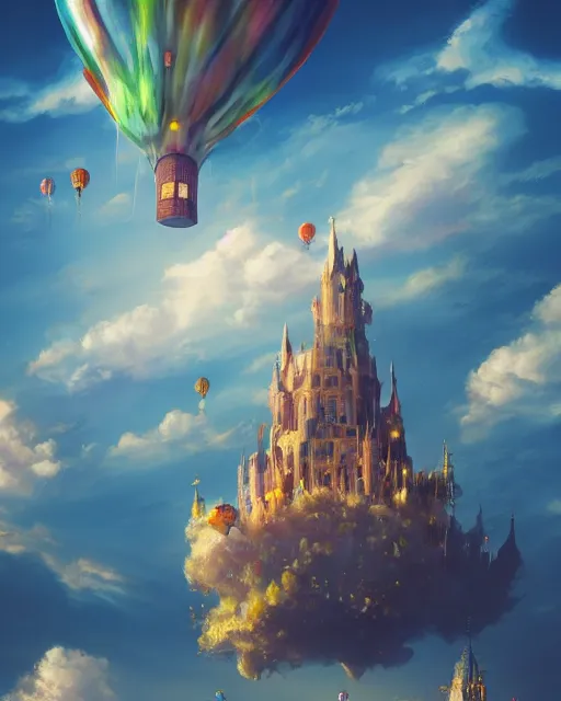 Prompt: flying cloud castle, buildings, baloons, atmosphere, glow, detailed, full of colour, cinematic lighting, trending on artstation, 4 k, hyperrealistic, extreme details, bright, blue sky, cloudy, fantasy, masterpiece, art by wylie beckert