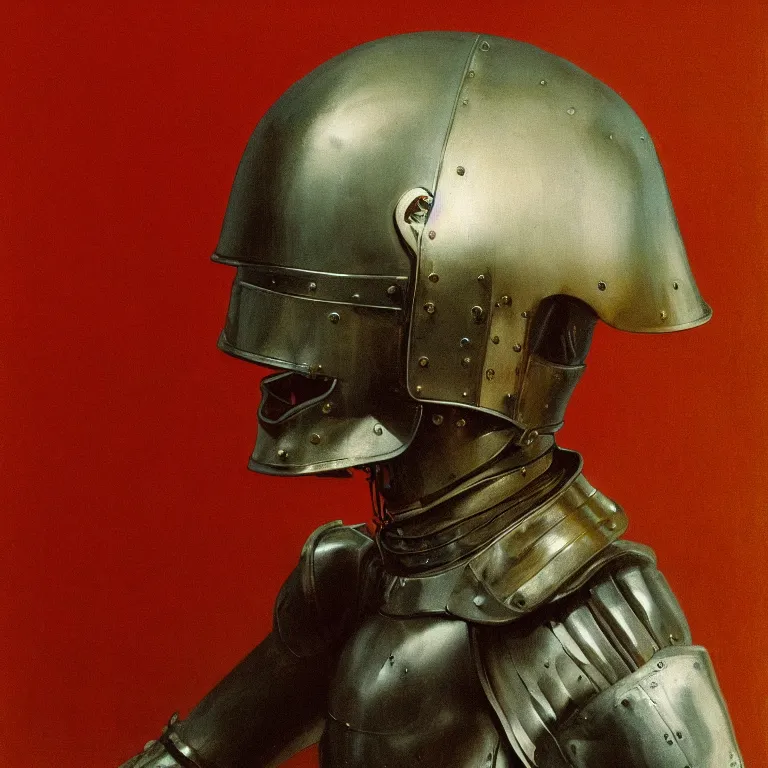 Image similar to portrait of a knight in a motorcycle helmet, fashion studio, lighting, 35mm , Edward Hopper and James Gilleard, Zdzislaw Beksinski, Steven Outram highly detailed