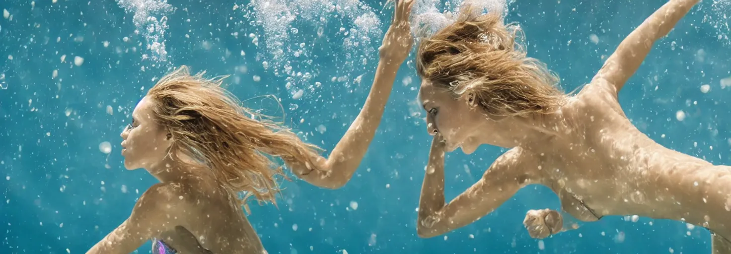 Prompt: beautiful blonde female diving underwater while solving complex math equations, 4k, photorealistic