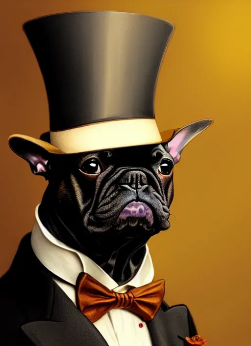 Prompt: portrait of a french bulldog as a gentleman, top hat, intricate, headshot, highly detailed, digital painting, artstation, concept art, sharp focus, cinematic lighting, illustration, art by artgerm and greg rutkowski, alphonse mucha, cgsociety