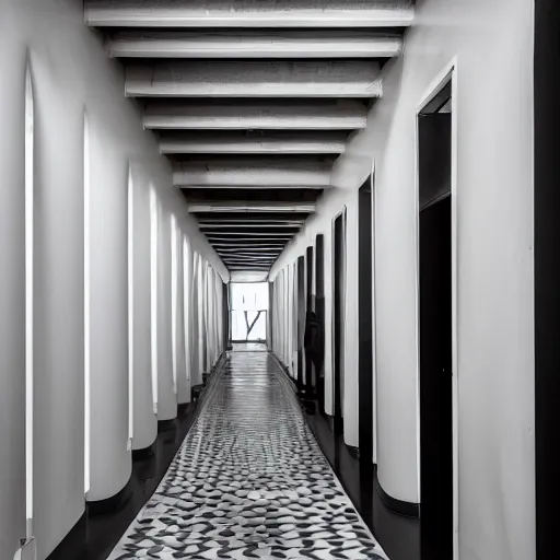 Image similar to photo of a vast interior space of irregular rooms and corridors, bizarre architecture. ceramic white tiles on all the walls.