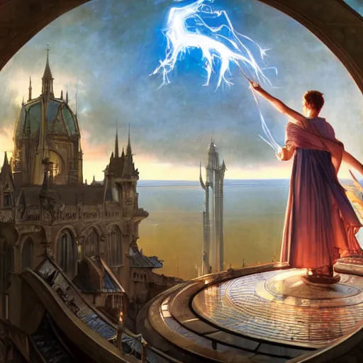 Prompt: Magic The Gathering art action shot of wizard casting spell from balcony of tower, dramatic sky, drawn by Donato Giancola and Tom Bagshaw, Edmund Leighton, Alphonse Mucha, 4k, volumetric lighting, komorebi, award winning, octane render, hyperrealistic