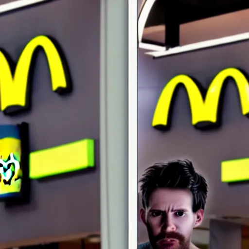 Image similar to photograph of a man with a inverted head begging for food at mc donalds, 8k resolution, high detail, ULTRA REALISTIC VFX, reflections