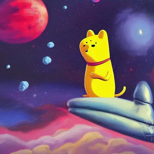 Prompt: jake the dog from adventure time floating in space, romantic oil painting, dark, melanchonic, adventure time