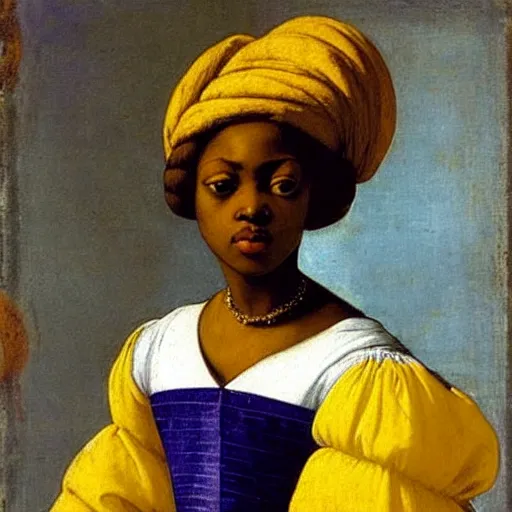 Image similar to a beautiful african girl, she is wearing a yellow dress with blue trim, she has long hair, artemisia gentileschi