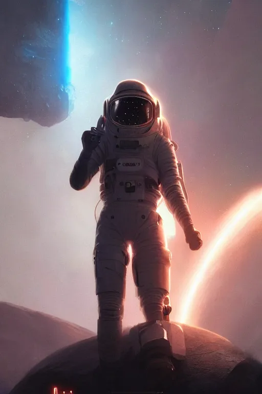 Image similar to a future space explorer from the year 3033, cinematic, portrait, sci-fi, greg rutkowski, lens flare