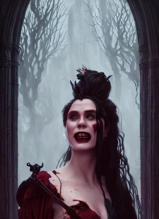 Image similar to beautiful, jim carrey as a vampire, extreme blood, vampire fangs, medieval dress. witch, makeup. unreal engine, greg rutkowski, loish, rhads, beeple, tom bagshaw, alphonse mucha, global illumination, detailed and intricate environment