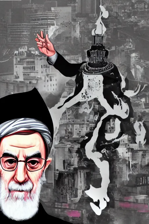 Prompt: khamenei, with quotes : destroy destroy america, pointing index finger, delete duplicating content, delete disable content and fix it, hyperrealistic anatomy content, violet polsangi pop art, gta chinatown wars art style, extreme quality masterpiece, bioshock infinite art style, incrinate, 2 color, white frame, content balance proportion