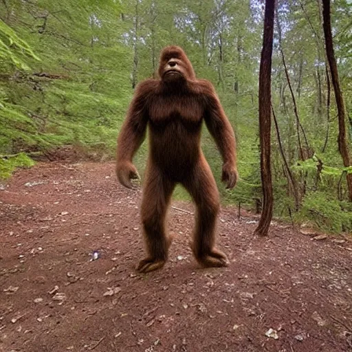 Prompt: trail camera footage of Bigfoot stalking a deer