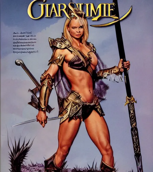 Image similar to 1 9 8 0 s fantasy novel book cover, amazonian jaime pressly in extremely tight bikini armor wielding a cartoonishly large sword, exaggerated body features, dark and smoky background, low quality print