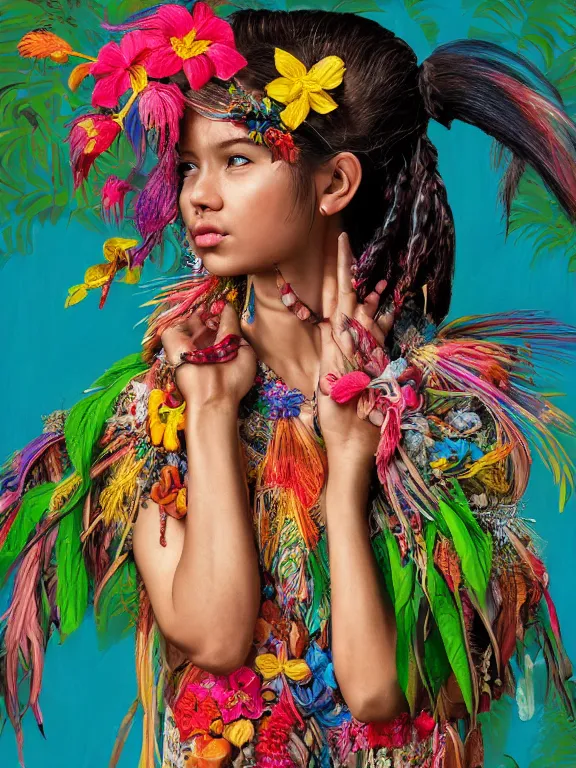 Image similar to beautiful portrait of a Subtropics minority female wearing fantastic Hand-dyed cotton dress, embellished beaded feather decorative fringe knots ,colorful pigtail,subtropical flowers and plants,symmetrical face,intricate,elegant, highly detailed, 8k,post-processing,digital painting, trending on artstation, concept art, sharp focus, illustration,by Steve McCurry and Tom Bagshaw and Daniel Gerhartz and Albert Aublet and Lawrence Alma-Tadema