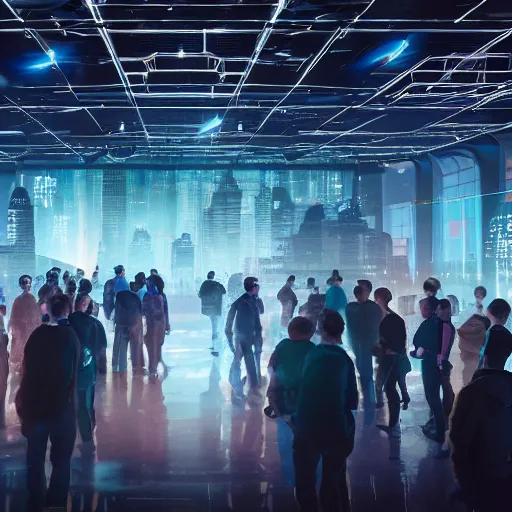Prompt: large group people in a huge warehouse, gathered around a hologram of futuristic city on a table | cinematic concept art | godrays | 4 k | clear details